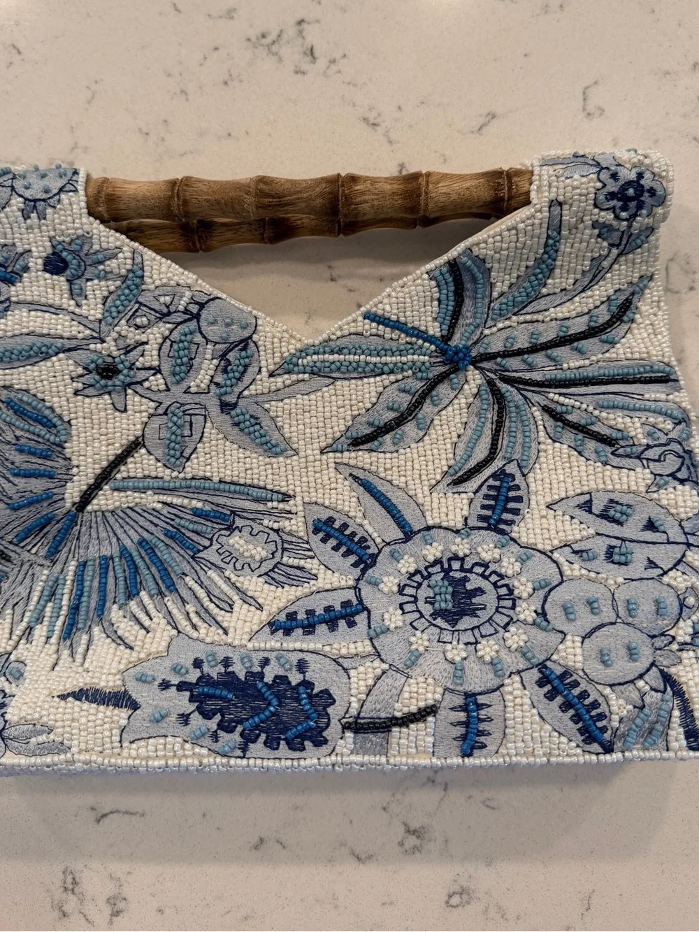 Viral Beaded Floral Handbag with Bamboo Handle - Blue & White